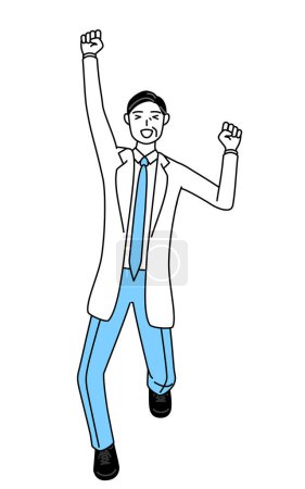 Téléchargez les illustrations : Male doctor in white coats with stethoscopes, senior, middle-aged veterans smiling and jumping. - en licence libre de droit