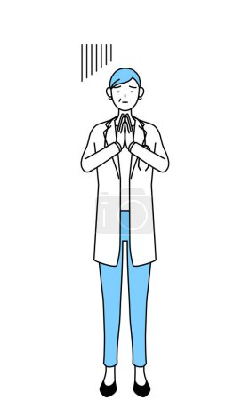 Illustration for Female doctor in white coats with stethoscopes, senior, middle-aged veterans apologizing with her hands in front of her body. - Royalty Free Image