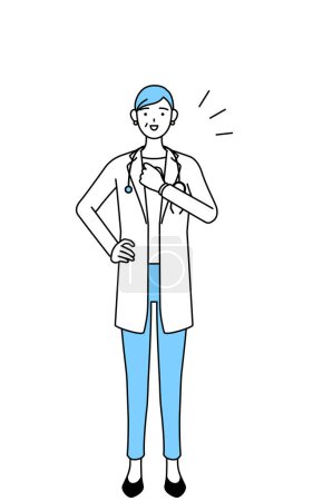 Illustration for Female doctor in white coats with stethoscopes, senior, middle-aged veterans tapping her chest. - Royalty Free Image