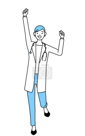 Téléchargez les illustrations : Female doctor in white coats with stethoscopes, senior, middle-aged veterans smiling and jumping. - en licence libre de droit