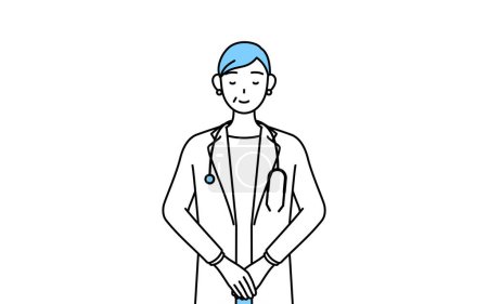 Téléchargez les illustrations : Médecin femme en manteau blanc avec stéthoscopes, seniors, vétérans d'âge moyen s'inclinant avec les mains pliées. - en licence libre de droit