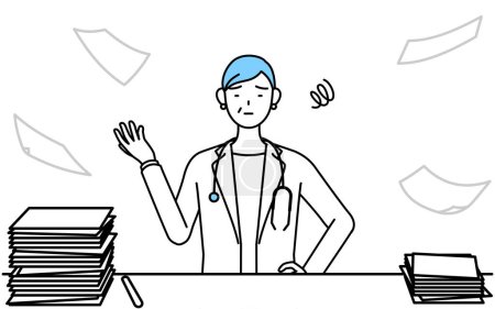 Illustration for Female doctor in white coats with stethoscopes, senior, middle-aged veterans who is fed up with her unorganized business. - Royalty Free Image