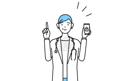 Illustration for Female doctor in white coats with stethoscopes, senior, middle-aged veterans taking security measures for her phone. - Royalty Free Image