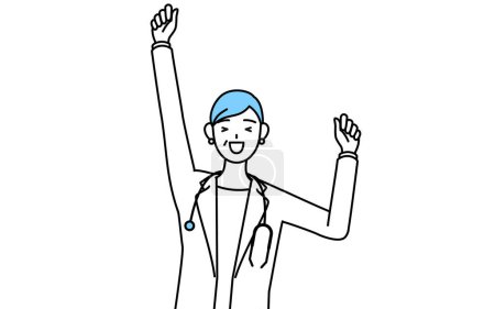 Téléchargez les illustrations : Female doctor in white coats with stethoscopes, senior, middle-aged veterans smiling and jumping. - en licence libre de droit