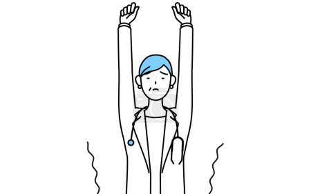 Illustrazione per Female doctor in white coats with stethoscopes, senior, middle-aged veterans stretching and standing tall. - Immagini Royalty Free