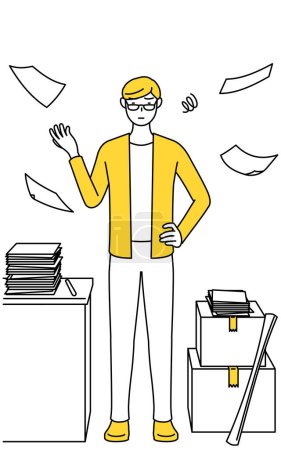 Illustration for A casually dressed young man who is fed up with his unorganized business. - Royalty Free Image
