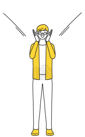 Illustration for A casually dressed young man calling out with his hand over his mouth. - Royalty Free Image