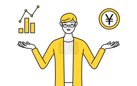 Illustration for A casually dressed young man guiding an image of DX, performance and sales improvement, Vector Illustration - Royalty Free Image