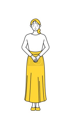 Illustration for A casually dressed young woman bowing with folded hands, Vector Illustration - Royalty Free Image