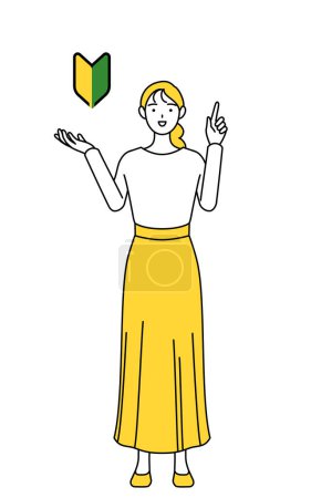 Illustration for A casually dressed young woman showing the symbol for young leaves, Vector Illustration - Royalty Free Image