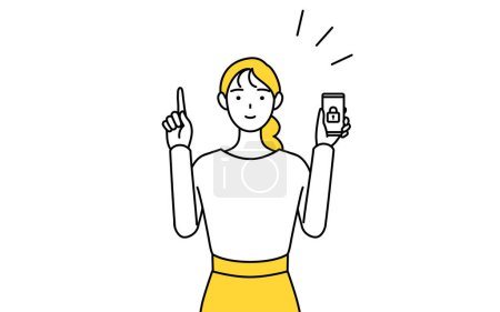 Téléchargez les illustrations : Une jeune femme vêtue de façon décontractée prend des mesures de sécurité pour son téléphone, Illustration vectorielle - en licence libre de droit