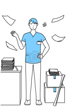 Illustration for Male nurse, physical therapist, occupational therapist, speech therapist, nursing assistant in Uniform who is fed up with his unorganized business, Vector Illustration - Royalty Free Image