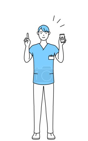Illustration for Male nurse, physical therapist, occupational therapist, speech therapist, nursing assistant in Uniform taking security measures for his phone, Vector Illustration - Royalty Free Image