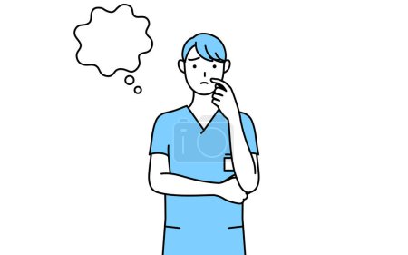 Male nurse, physical therapist, occupational therapist, speech therapist, nursing assistant in Uniform thinking while scratching his face, Vector Illustration