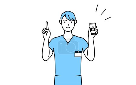 Male nurse, physical therapist, occupational therapist, speech therapist, nursing assistant in Uniform taking security measures for his phone, Vector Illustration