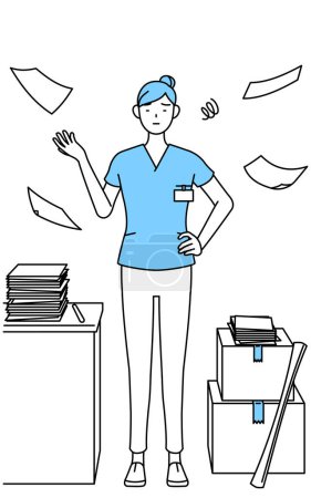 Illustration for Female nurse, physical therapist, occupational therapist, speech therapist, nursing assistant in Uniform who is fed up with her unorganized business, Vector Illustration - Royalty Free Image