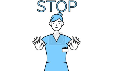 Female nurse, physical therapist, occupational therapist, speech therapist, nursing assistant in Uniform with her hands out in front of her body, signaling a stop, Vector Illustration