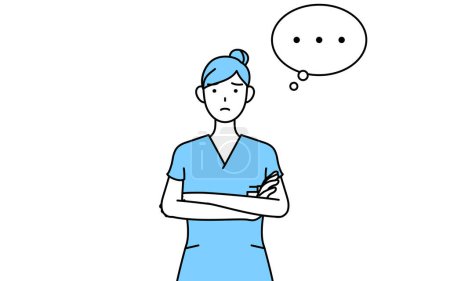Female nurse, physical therapist, occupational therapist, speech therapist, nursing assistant in Uniform with crossed arms, deep in thought, Vector Illustration