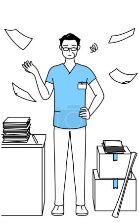 Illustration for Middle aged, Senior Male nurse, physical therapist, occupational therapist, speech therapist, nursing assistant in Uniform who is fed up with his unorganized business, Vector Illustration - Royalty Free Image