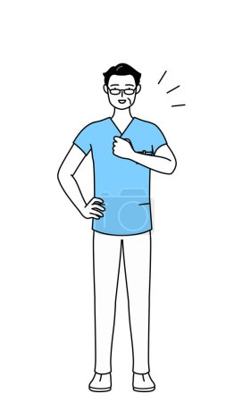 Illustration for Middle aged, Senior Male nurse, physical therapist, occupational therapist, speech therapist, nursing assistant in Uniform tapping his chest, Vector Illustration - Royalty Free Image