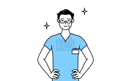 Illustration for Middle aged, Senior Male nurse, physical therapist, occupational therapist, speech therapist, nursing assistant in Uniform with his hands on his hips, Vector Illustration - Royalty Free Image