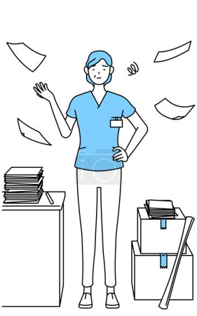 Illustration for Middle aged, Senior Female nurse, physical therapist, occupational therapist, speech therapist, nursing assistant in Uniform who is fed up with her unorganized business, Vector Illustration - Royalty Free Image