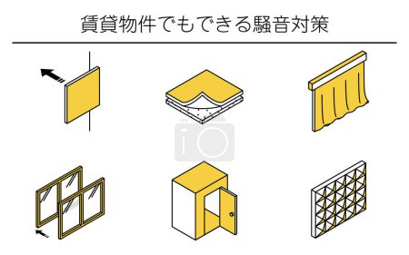 Illustration for Illustrated set of noise reduction measures that can be taken in rental properties - Translation: Noise reduction measures that can be taken in rental properties - Royalty Free Image