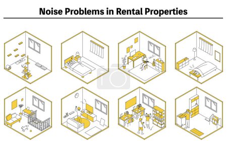 Illustration for Noise problems in rental properties: Noise from living in apartments and condominiums, Vector Illustration - Royalty Free Image