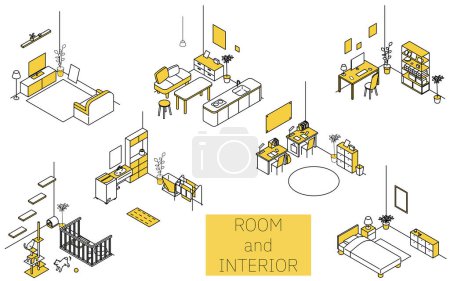 Illustration for Finding a room for rent: various rooms, simple isometric illustration, Vector Illustration - Royalty Free Image