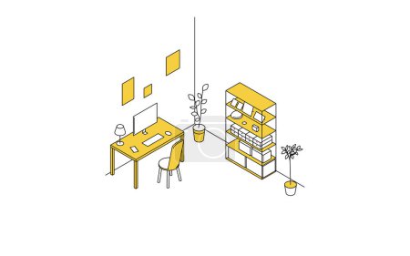 Illustration for Room for rent: simple isometric of study, work desk and bookshelf, Vector Illustration - Royalty Free Image