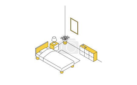 Illustration for Finding a room for rent: bedroom, simple isometric with bed and bedside lighting, Vector Illustration - Royalty Free Image