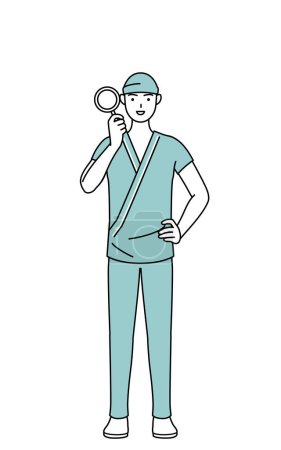 Illustration for Male admitted patient in hospital gown looking through magnifying glasses, Vector Illustration - Royalty Free Image