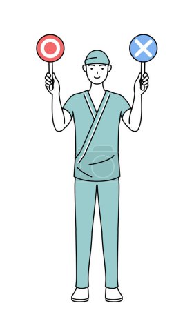 Illustration for Male admitted patient in hospital gown holding a placard indicating correct and incorrect answers, Vector Illustration - Royalty Free Image