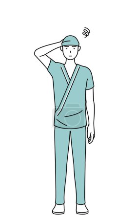 Ilustración de Varón ingresado paciente en bata de hospital rascándose la cabeza en apuros, Vector Illustration - Imagen libre de derechos