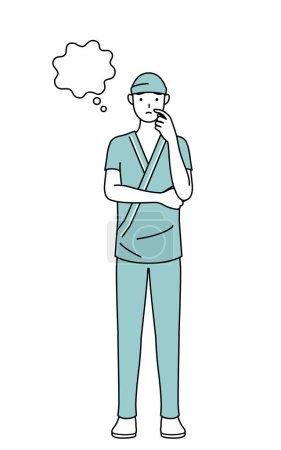 Illustration for Male admitted patient in hospital gown thinking while scratching his face, Vector Illustration - Royalty Free Image