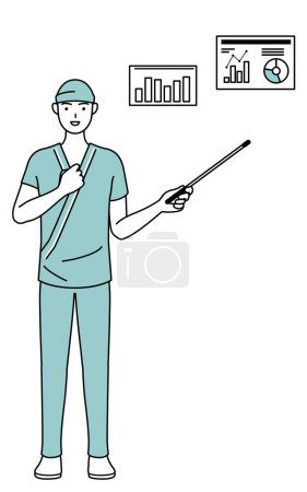 Illustration for Male admitted patient in hospital gown analyzing a performance graph, Vector Illustration - Royalty Free Image