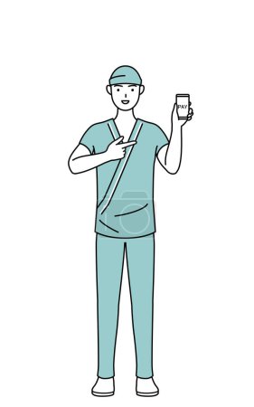 Illustration for Male admitted patient in hospital gown recommending cashless online payments on a smartphone, Vector Illustration - Royalty Free Image