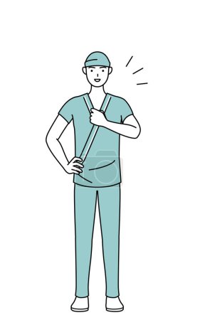 Ilustración de Varón ingresado paciente en bata de hospital golpeando su pecho, Vector Illustration - Imagen libre de derechos