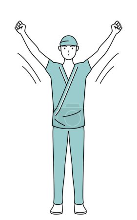 Ilustración de Varón ingresado en bata de hospital haciendo radiocalistenia, preparación para la prevención de accidentes, ilustración vectorial - Imagen libre de derechos