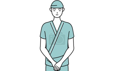 Illustration for Male admitted patient in hospital gown bowing with folded hands, Vector Illustration - Royalty Free Image