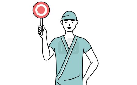 Illustration for Male admitted patient in hospital gown holding a maru placard that shows the correct answer, Vector Illustration - Royalty Free Image