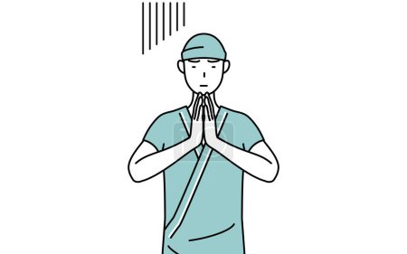 Illustration for Male admitted patient in hospital gown apologizing with his hands in front of his body, Vector Illustration - Royalty Free Image