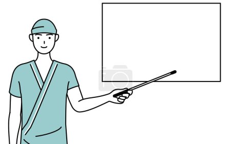 Illustration for Male admitted patient in hospital gown pointing at a whiteboard with an indicator stick, Vector Illustration - Royalty Free Image