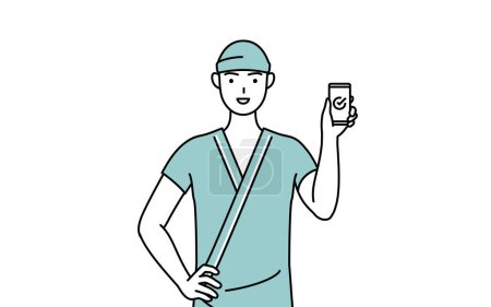 Illustration for Male admitted patient in hospital gown using a smartphone at work, Vector Illustration - Royalty Free Image