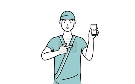 Illustration for Male admitted patient in hospital gown recommending cashless online payments on a smartphone, Vector Illustration - Royalty Free Image
