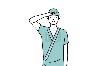 Illustration for Male admitted patient in hospital gown making a salute, Vector Illustration - Royalty Free Image
