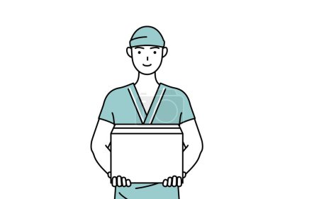 Illustration for Male admitted patient in hospital gown working to carry cardboard boxes, Vector Illustration - Royalty Free Image
