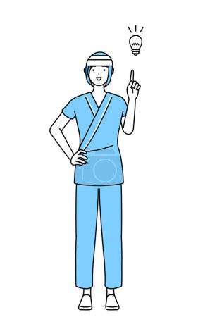 Téléchargez les illustrations : Femme hospitalisée portant une robe d'hôpital et bandage sur la tête à venir avec une idée, Illustration vectorielle - en licence libre de droit