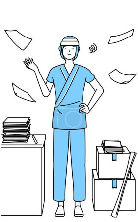 Illustration for Female inpatient wearing hospital gown and bandage on head who is fed up with her unorganized business, Vector Illustration - Royalty Free Image