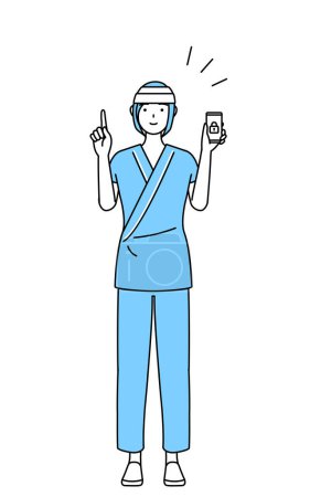 Illustration for Female inpatient wearing hospital gown and bandage on head taking security measures for her phone, Vector Illustration - Royalty Free Image